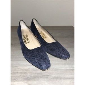SALVATORE FERRAGAMO Women Sz 9 Textured Navy Black Suede Low Heel Pumps Shimmer